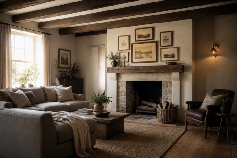 A living room interior showing a sofa, wooden coffee table, stone fireplace, and dark faux wood beams on the ceiling.