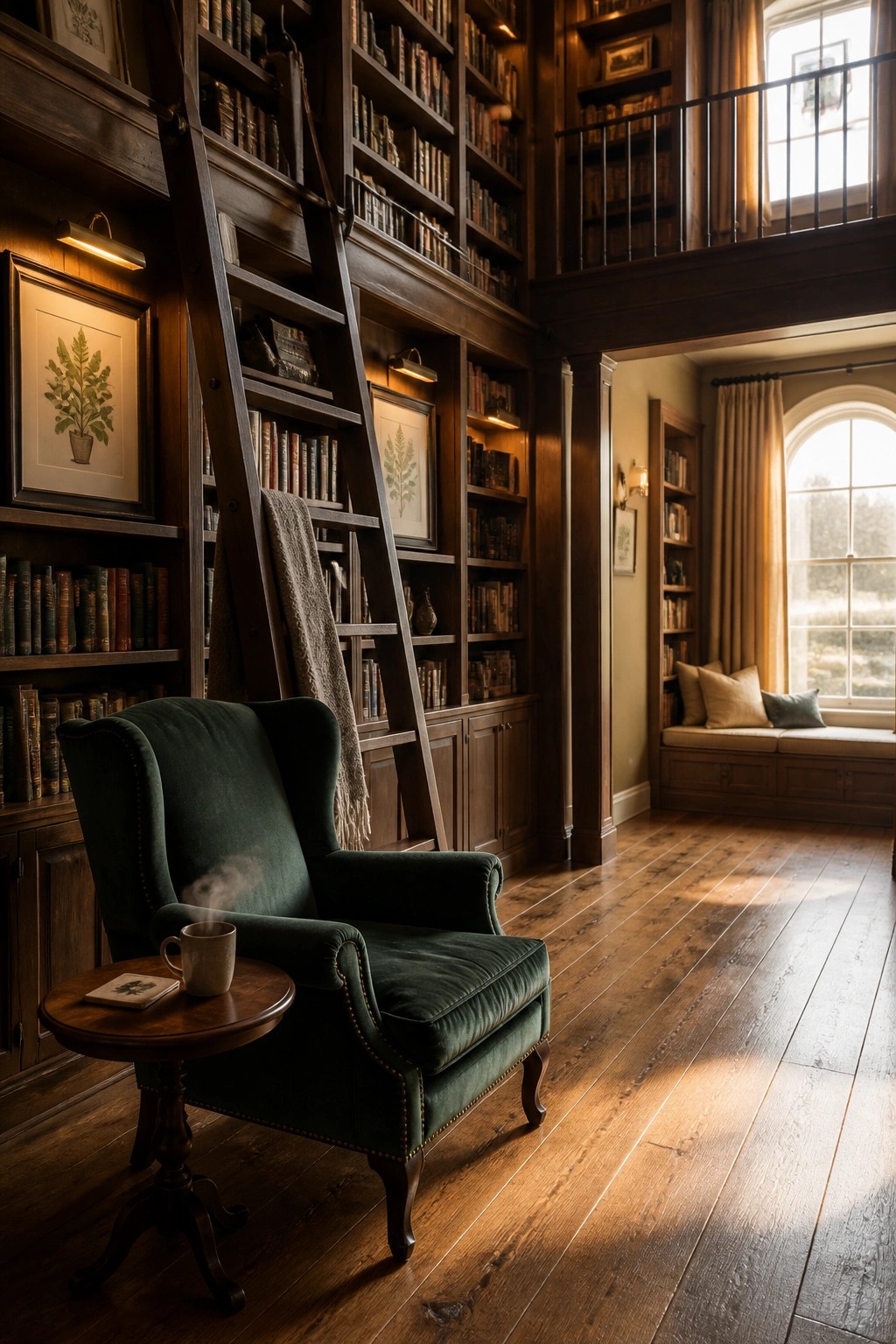 Interior view of a two-story library with dark wood bookshelves, a rolling ladder, green armchair on wide wood flooring, and a small side table with a mug.