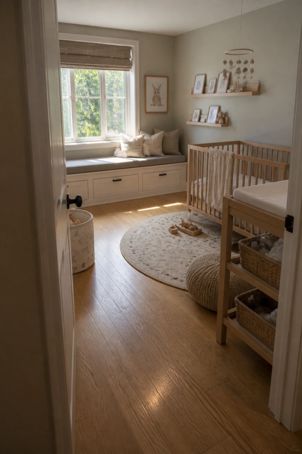 A bright nursery with light hardwood flooring, a wooden crib, a window seat with storage drawers, and a wooden changing table.