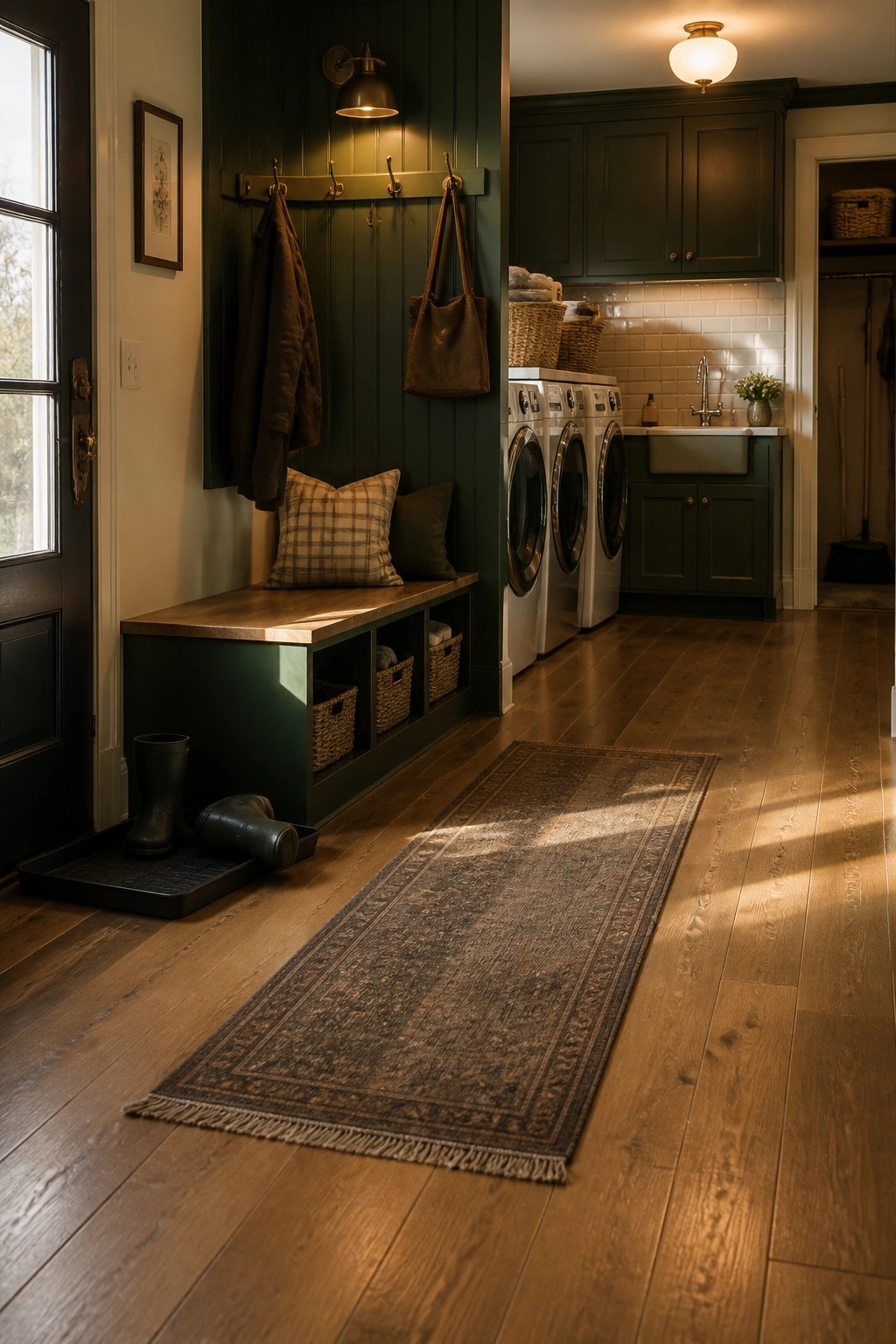 A mudroom with dark green built-in bench, hooks, and boots on a wood floor connects to a laundry room with white machines and green cabinets, with a long patterned runner rug on the floor.