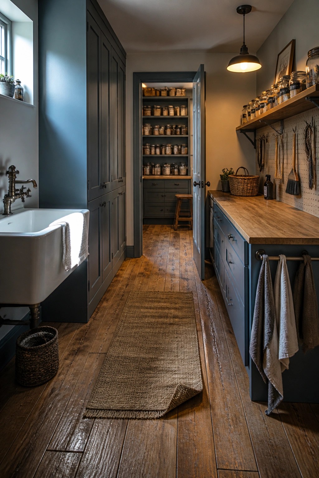 A narrow interior hallway with dark blue cabinetry, a white farmhouse sink, wooden countertops, open shelving filled with jars, and continuous hardwood flooring partially covered by a woven runner.
