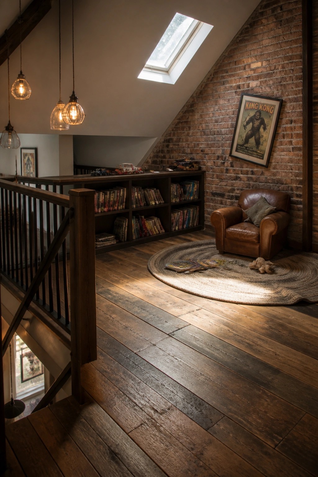 An attic loft with dark wide-plank wood flooring, built-in bookshelves along one wall, a brown leather armchair on a round rug, and a brick wall with a framed poster under a skylight.