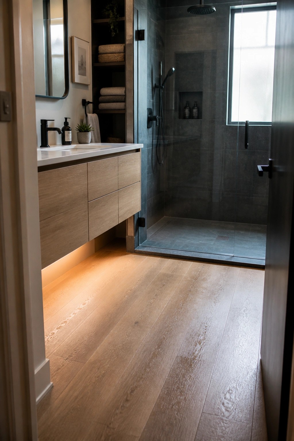Modern bathroom with floating wood vanity, glass shower, and light wood floors