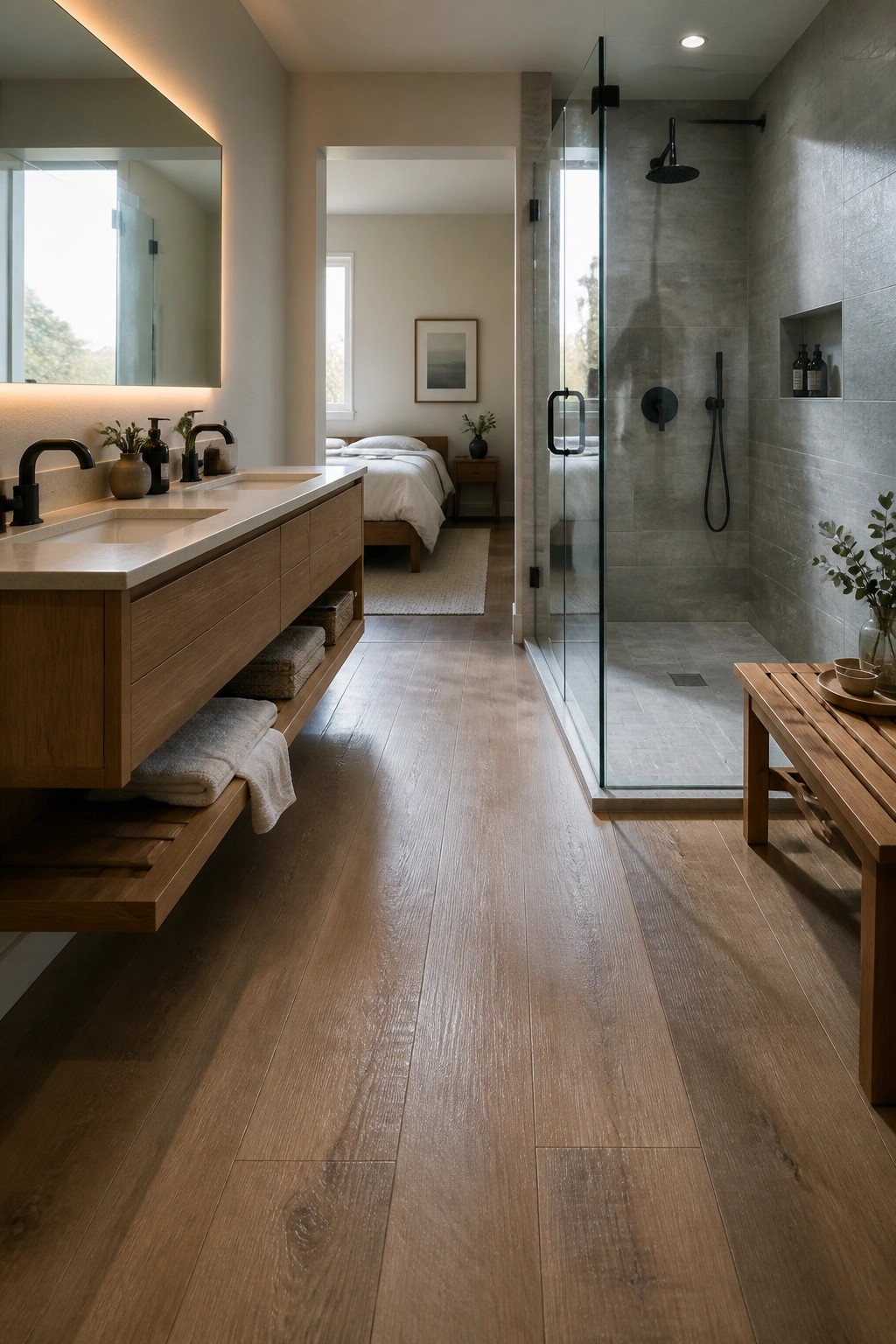 A modern bathroom with wood vanity and gray tiled shower, wood flooring extending through an open doorway into a bedroom.