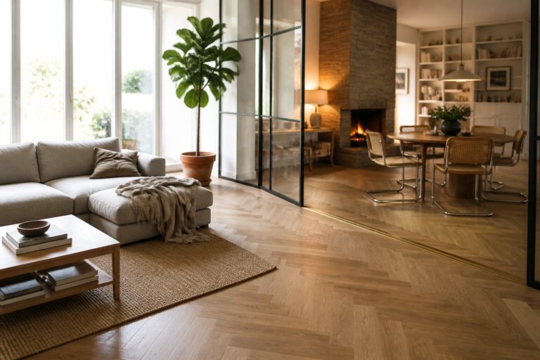19 Smart Whole House Wood Flooring Ideas for a Cohesive Look Light wood herringbone flooring extends from a sectional sofa area into an adjacent dining space with a round table and visible stone fireplace.