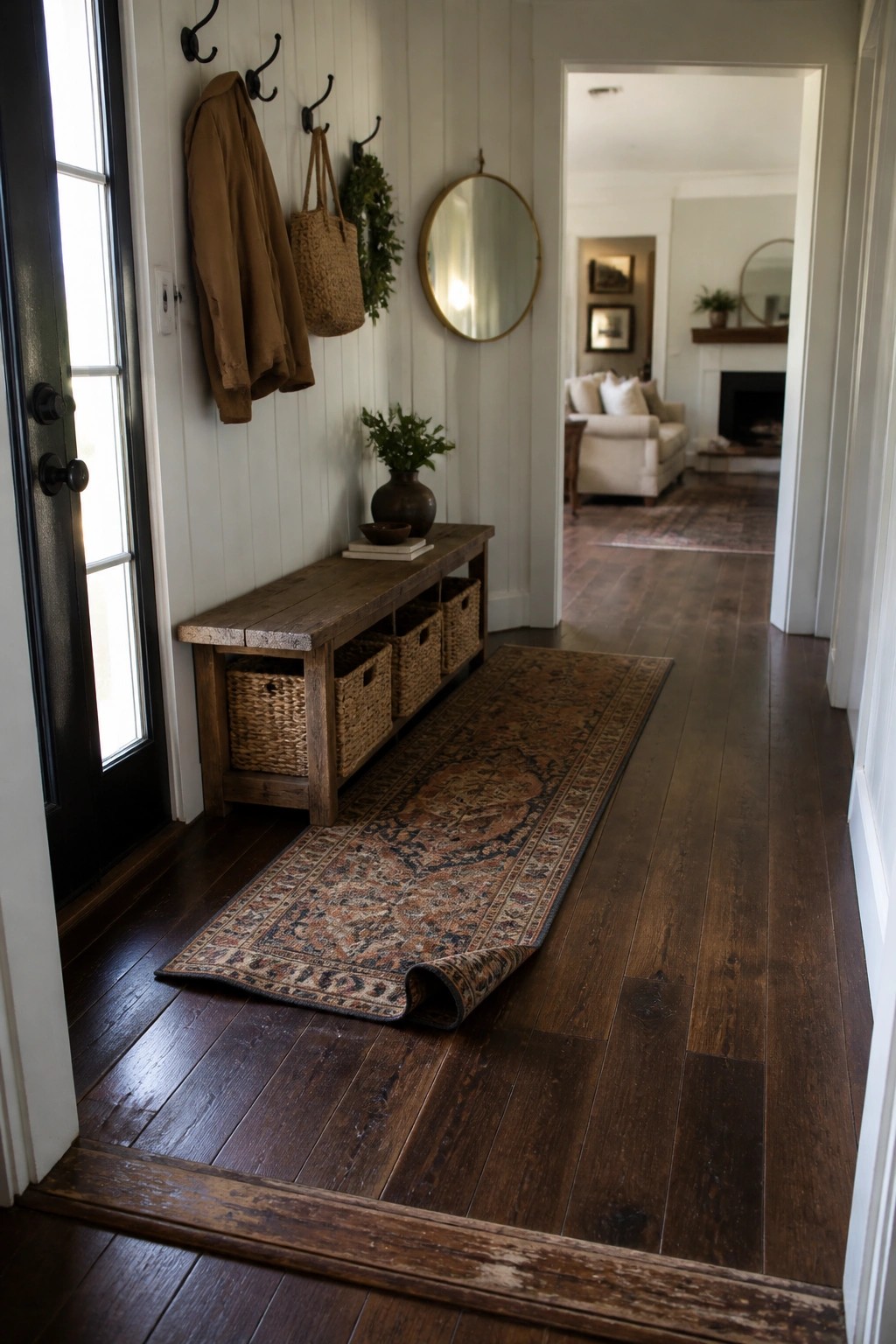 A dark wood floor hallway with a runner rug, wooden bench, and wall hooks, viewed toward a living room with matching wood flooring.