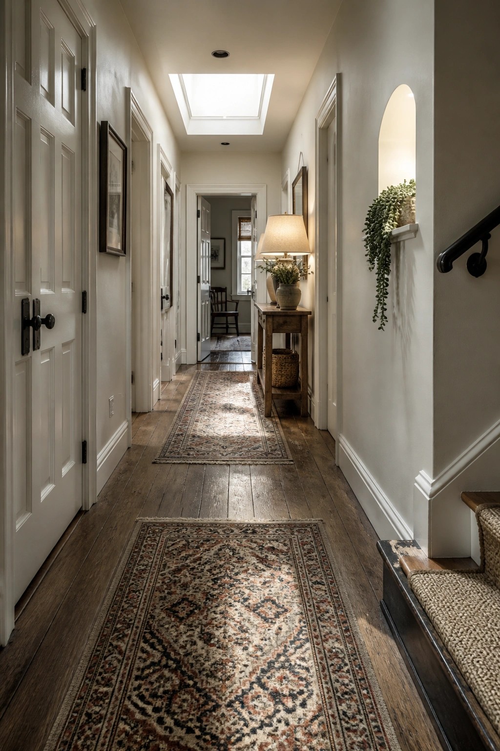 Narrow hallway with patterned rugs on dark wood floors, skylight, and console table