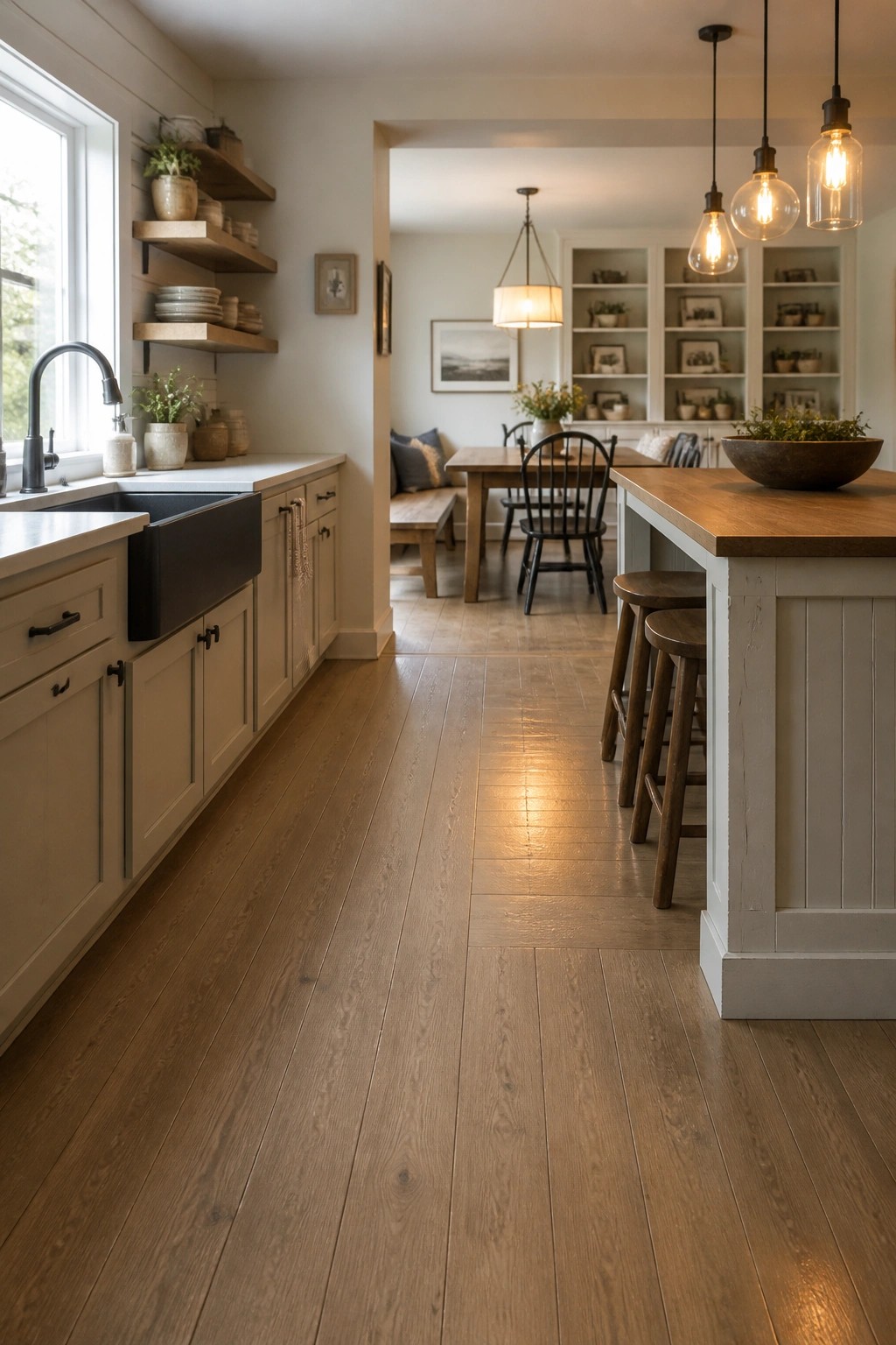 A kitchen with white cabinets and a black farmhouse sink opens to a long wood-floored hallway that leads into a dining room with a wooden table and built-in shelves.