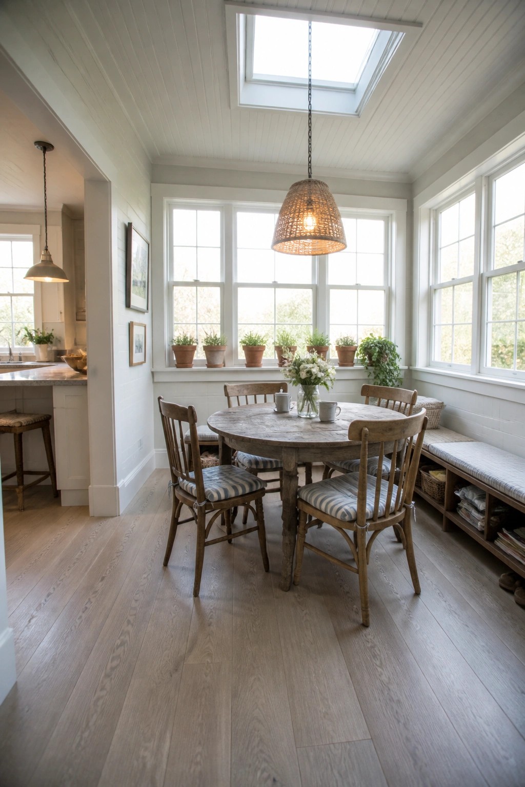 Light wood flooring runs continuously through a dining area with a round table and chairs into an adjacent kitchen space with windows and a skylight.