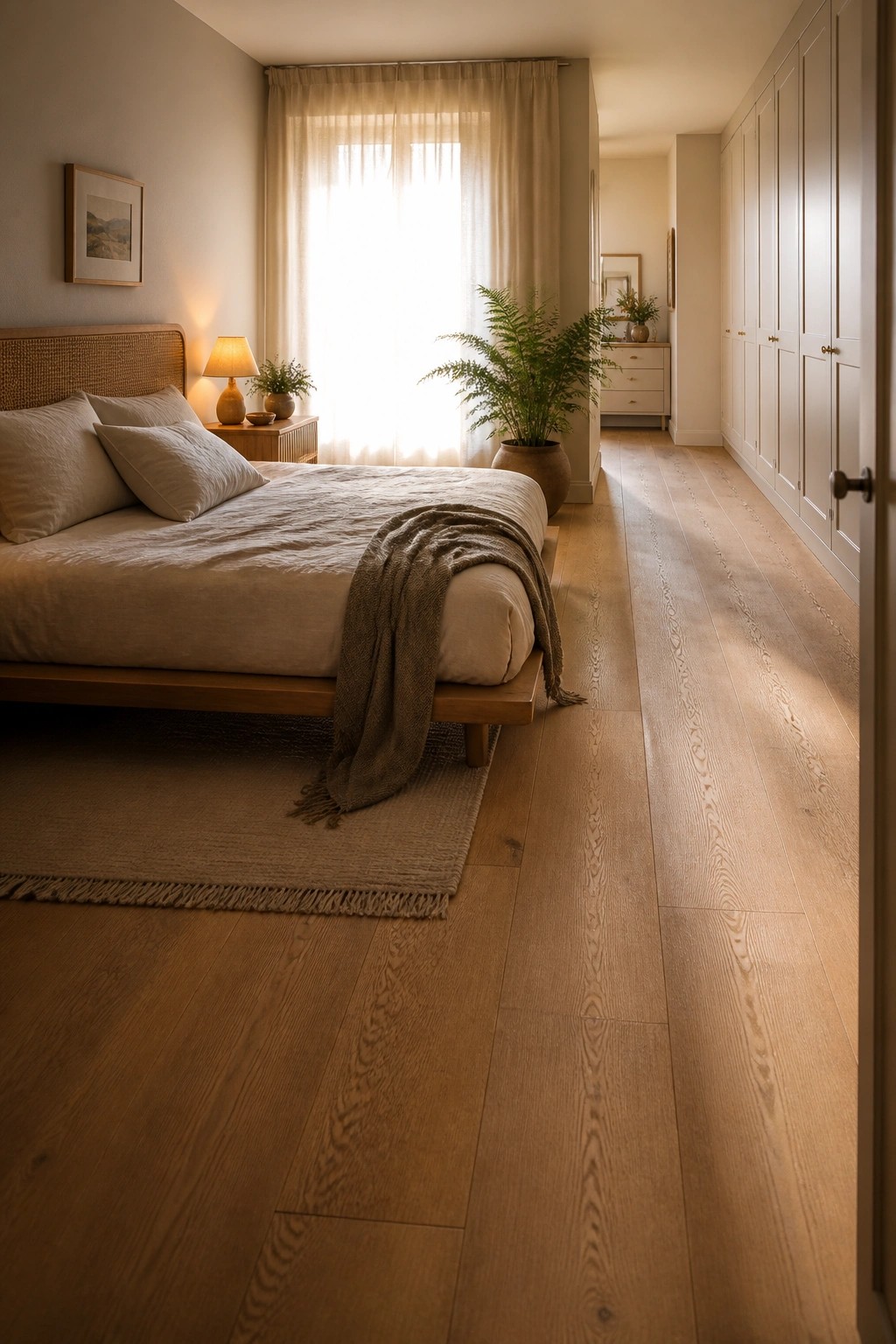 A bedroom with light wood flooring that continues into a long hallway lined with white doors.