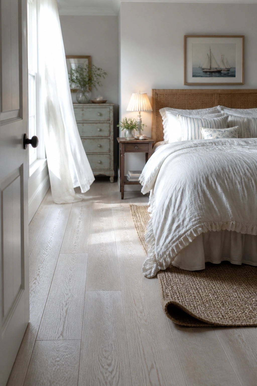 A bedroom interior showing light wood plank flooring, a bed with white bedding, a woven rug at the foot of the bed, and a window with sheer white curtains.
