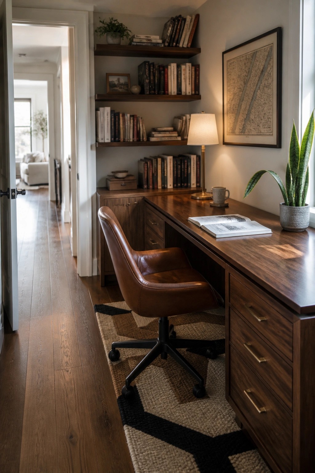 A home office with a wooden desk, leather chair, and bookshelves showing dark hardwood flooring that continues into an adjacent hallway.