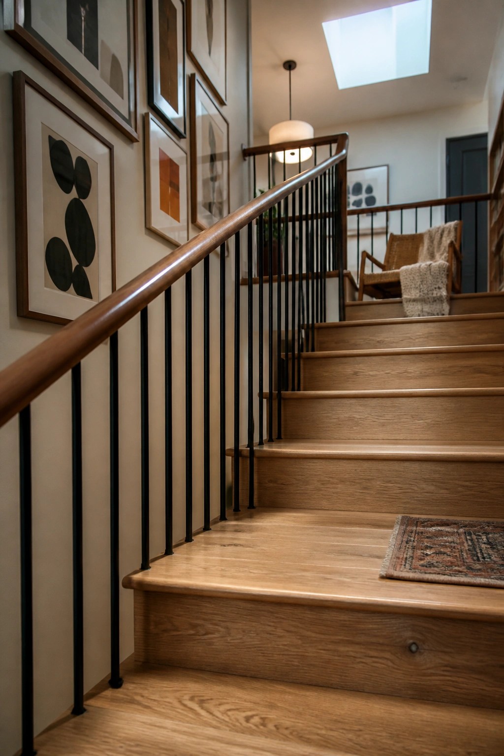 A wooden staircase with matching light oak treads and floors, black metal balusters, and framed artwork along the wall.