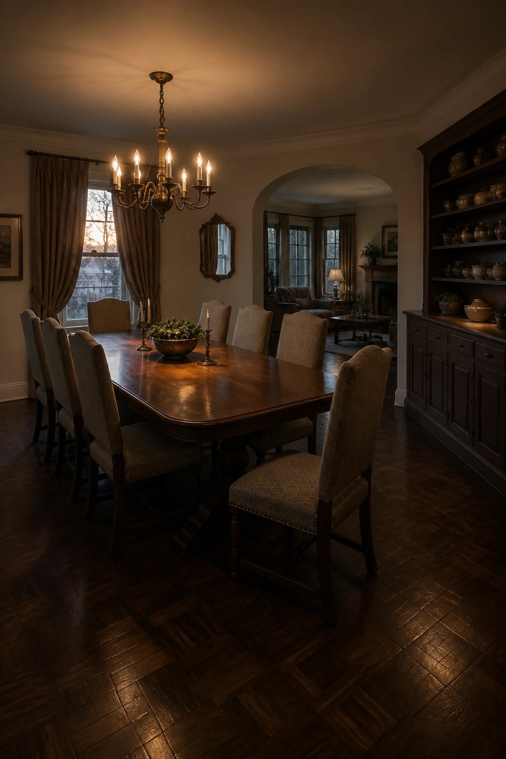Elegant dining room with long wooden table, upholstered chairs, lit chandelier, and dark hardwood floors.