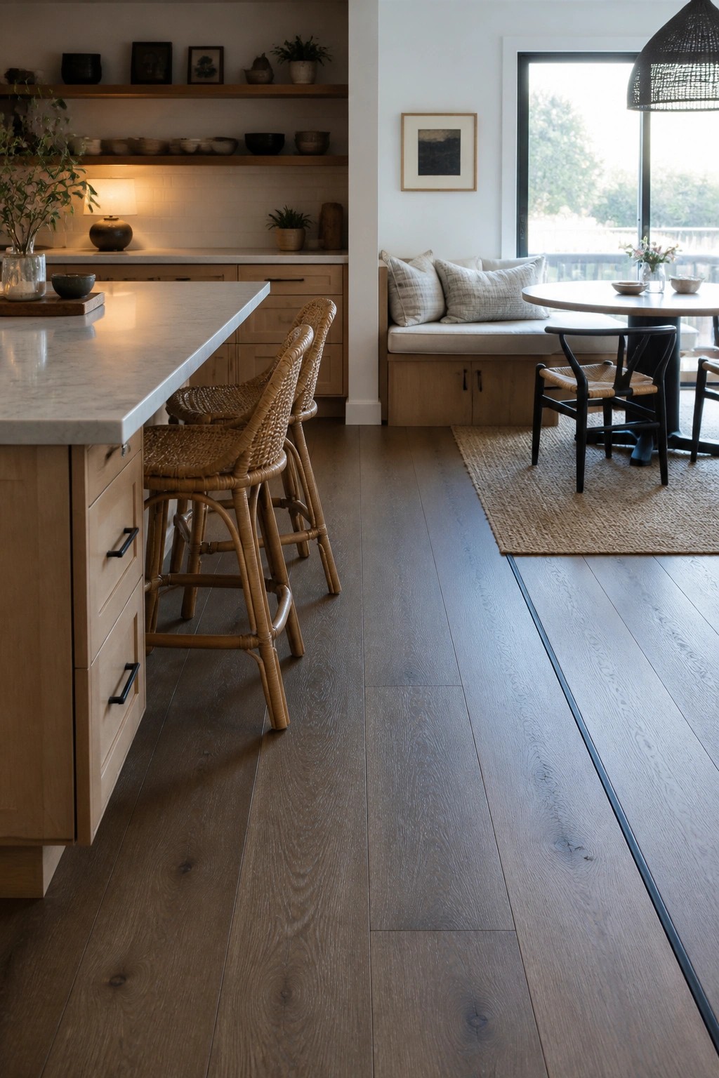 A kitchen island with woven bar stools faces a dining area with a round table, bench, and black chairs, all set on continuous dark wood flooring.