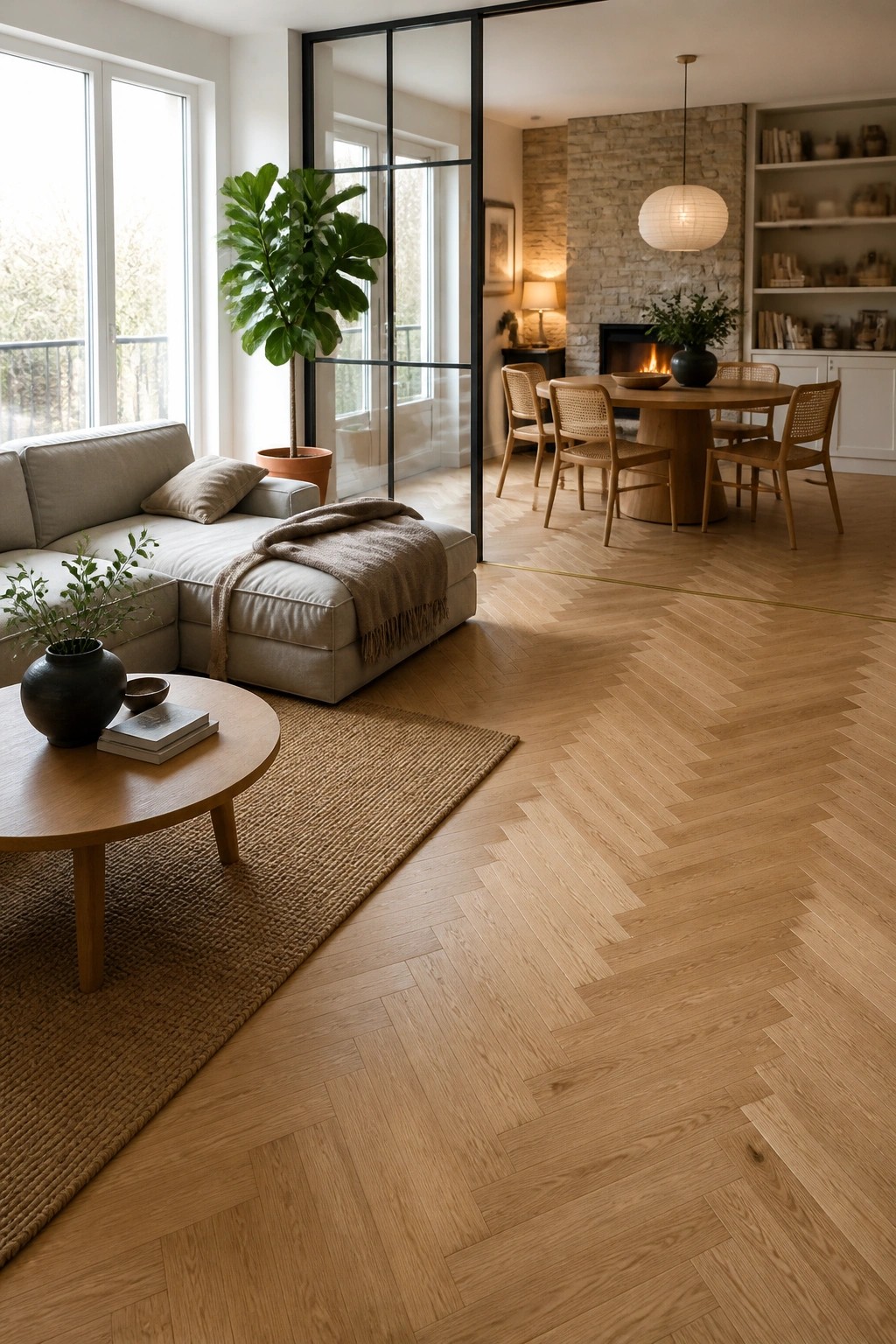 Light wood herringbone flooring extends from a sectional sofa area into an adjacent dining space with a round table and visible stone fireplace.