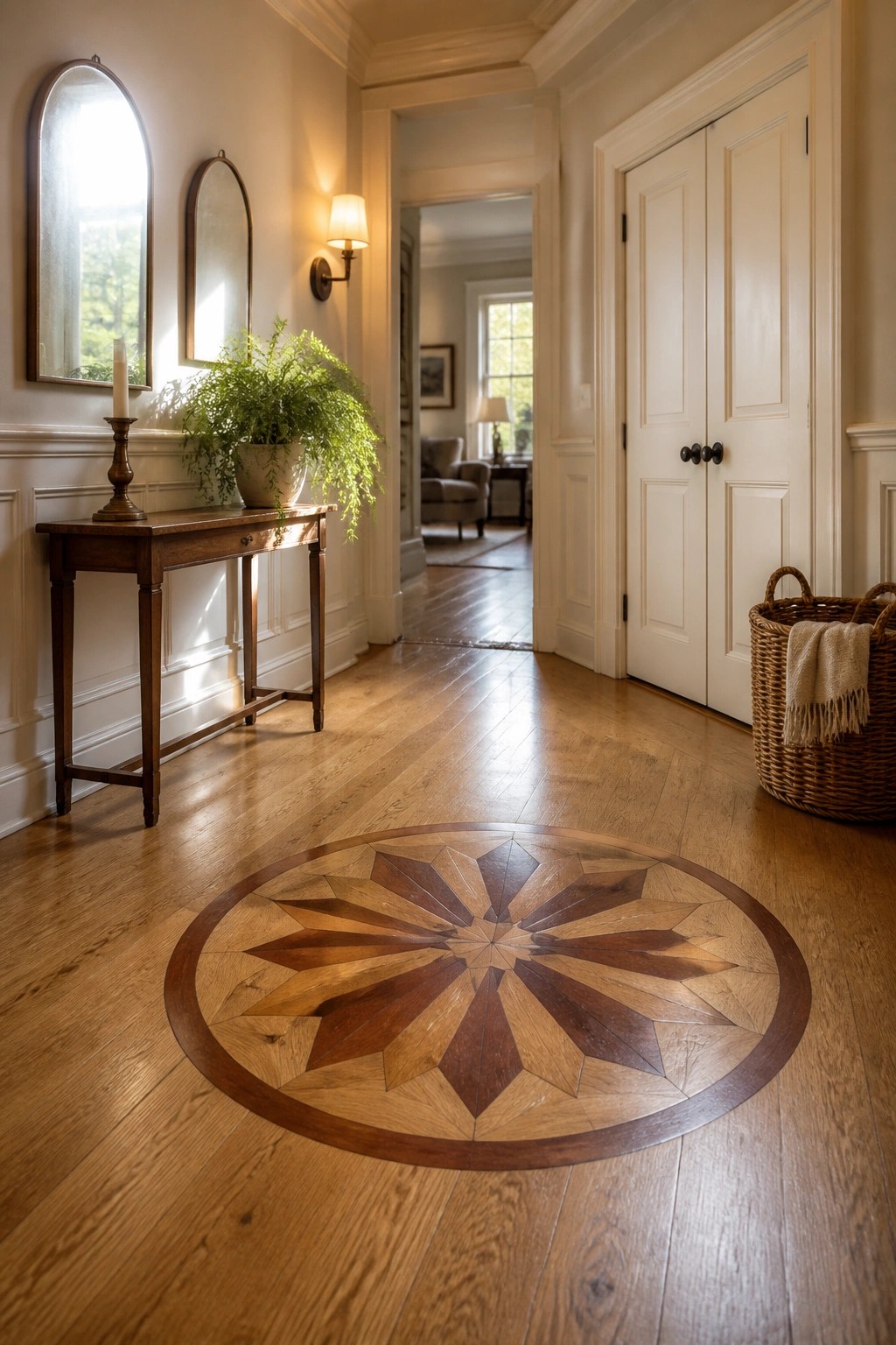 Elegant hallway with starburst wood floor medallion, console table, mirrors, and double doors