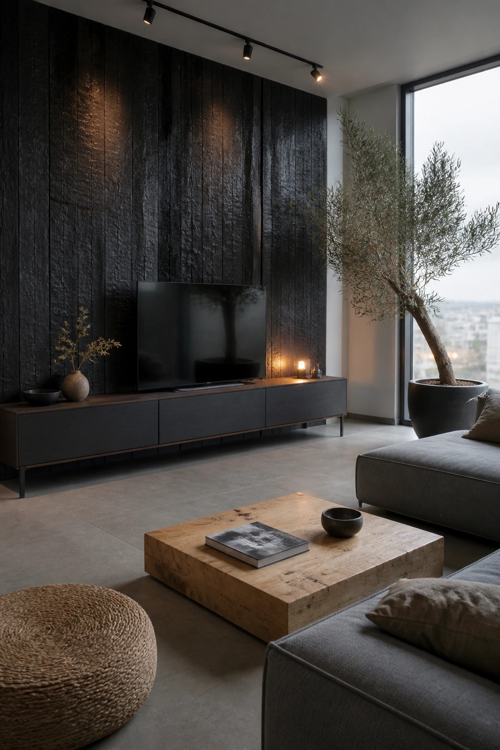 A living room with a dark vertical wood accent wall behind a wall-mounted television and low console, with a wooden coffee table and gray sectional in the foreground.