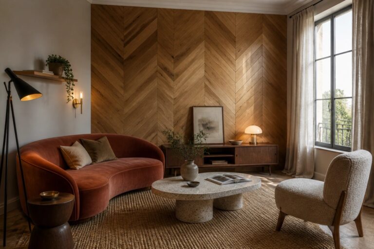 18 Smart Wood Wall Treatments to Add Depth Without Major Renovation Living room interior with a full herringbone wood accent wall, mid-century console, red curved sofa, and terrazzo coffee table on a woven rug.
