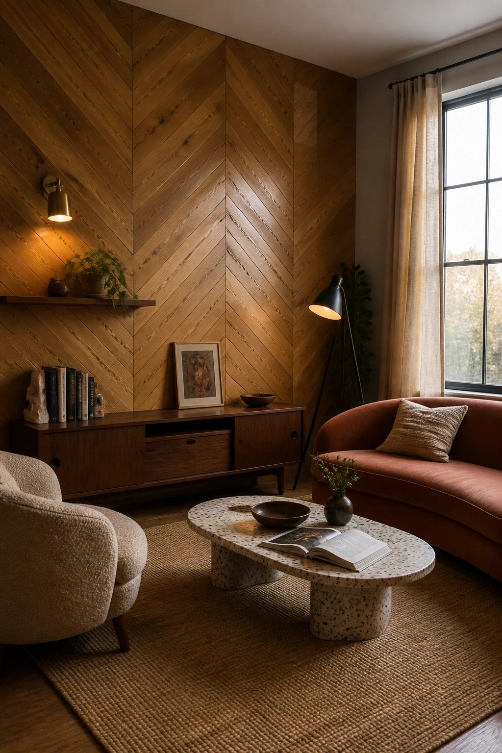 Living room interior with a full herringbone wood accent wall, mid-century console, red curved sofa, and terrazzo coffee table on a woven rug.