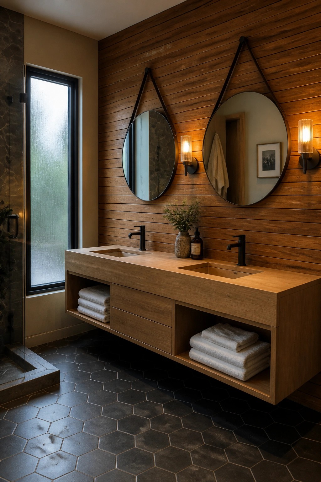 A modern bathroom with a floating wood vanity, two sinks, round mirrors, and a horizontal wood paneled accent wall.