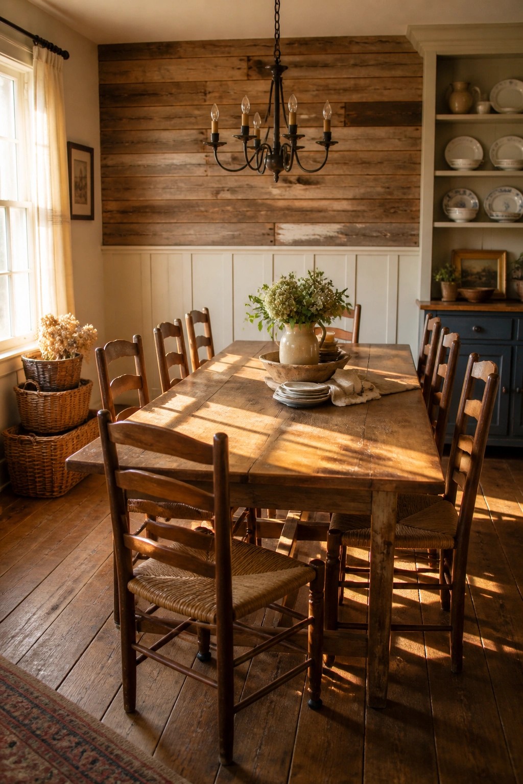 A dining room with a long wooden table, ladderback chairs, and a wall of horizontal wood planks above white wainscoting.
