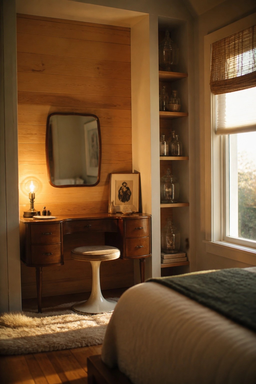 A bedroom corner showing a wooden vanity desk with a mirror on a vertical wood-paneled wall, a white stool in front, built-in shelves to the right, and a window with a bamboo shade.