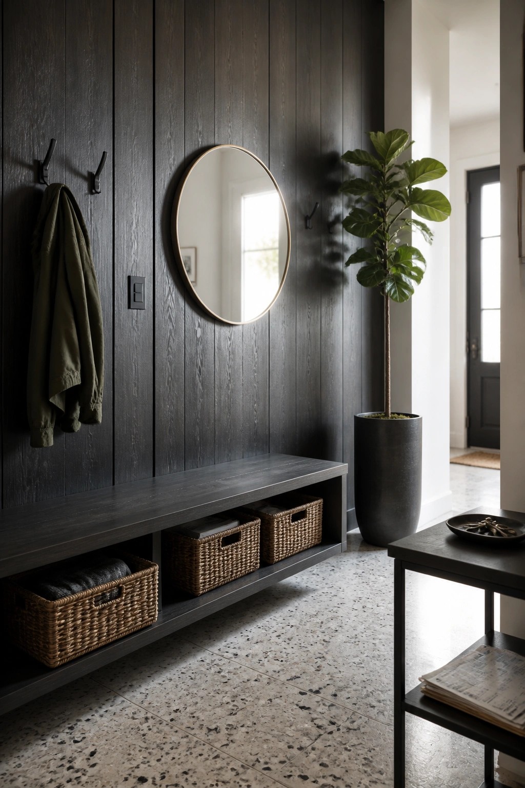 Dark vertical wood planks cover a wall in an entryway with a round mirror, black hooks, a long bench holding woven baskets, and a large potted plant nearby.
