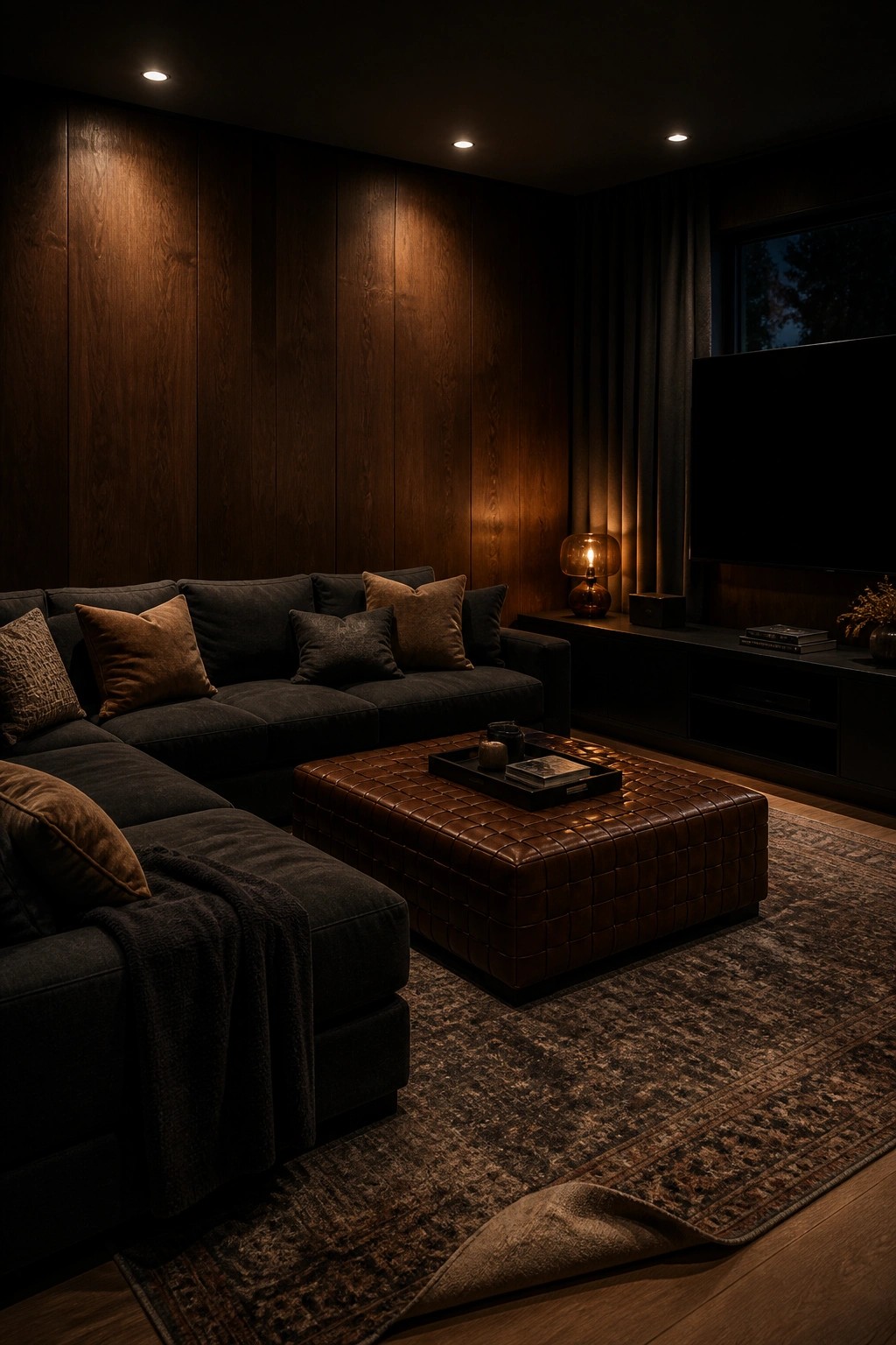 A living room with dark vertical wood panel walls, a large gray sectional sofa, and a brown leather ottoman on a patterned rug.