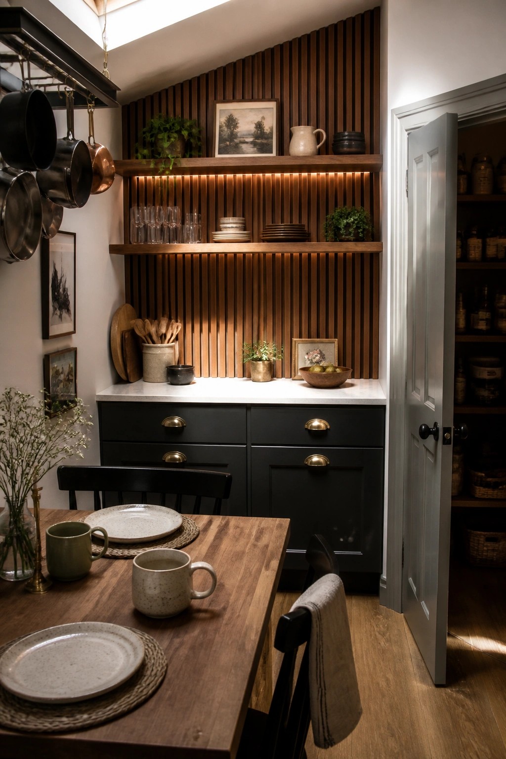 A kitchen corner with vertical wood slat wall, open wooden shelves with dishes and plants, black cabinets below a white countertop, and a wooden dining table with chairs in the foreground.
