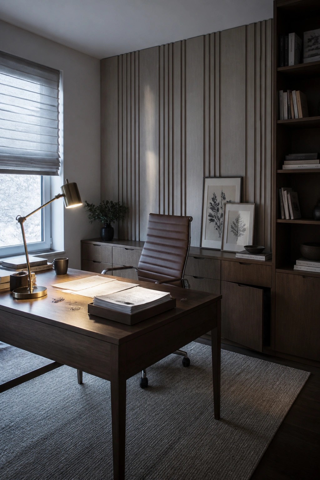A home office with a dark wood desk, brown leather chair, and a wall covered in vertical wood slats behind a credenza holding framed art.
