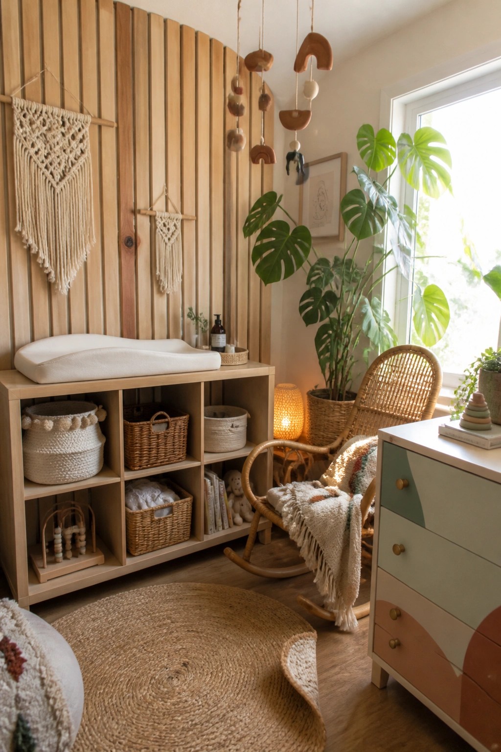A light-filled nursery with vertical wood slat accent wall, changing table, woven baskets, rattan rocking chair, hanging macrame, and large potted plants.