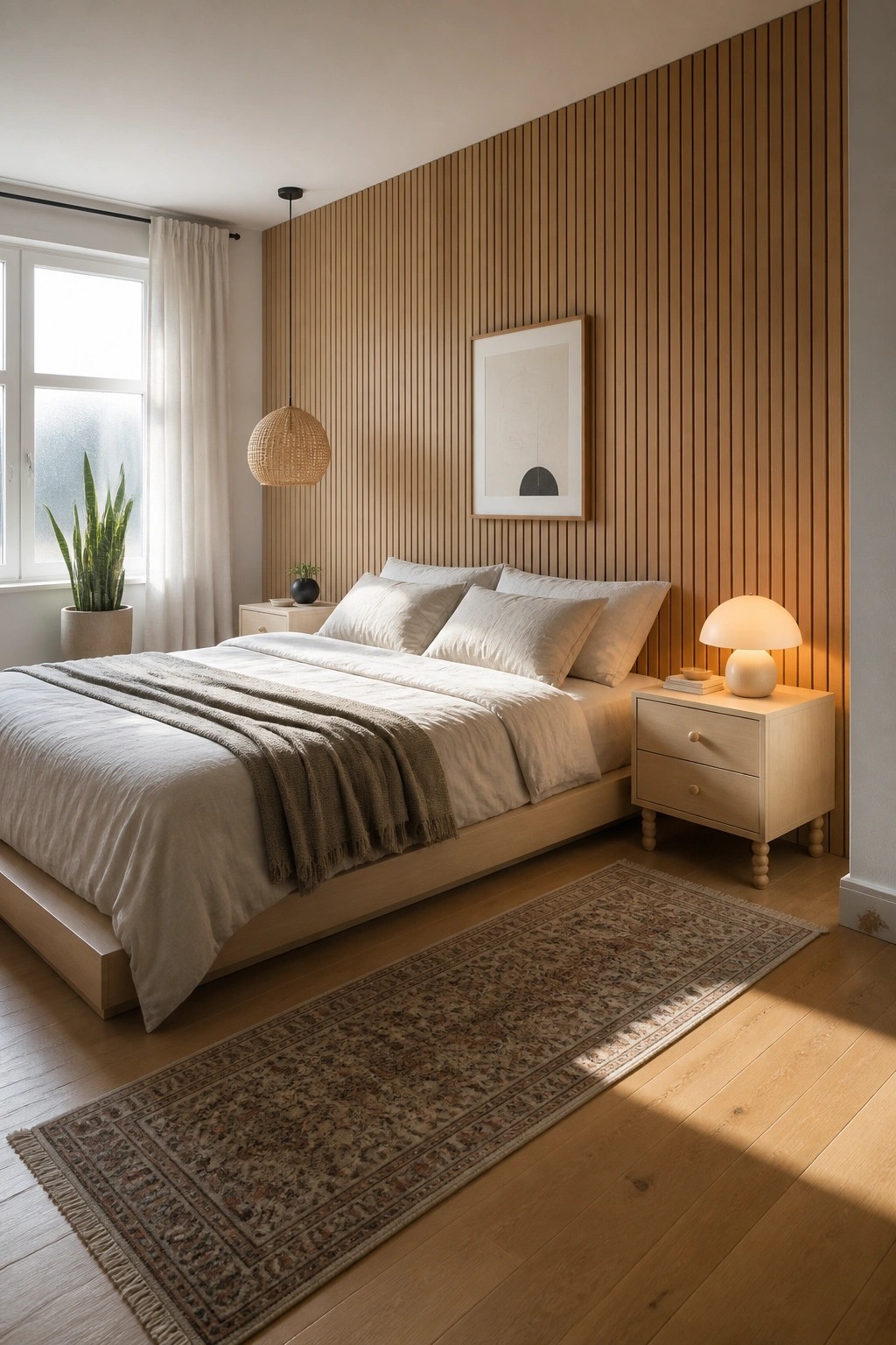 A bedroom with a vertical light wood slat accent wall behind a bed dressed in neutral linens, a woven pendant light, and a wooden nightstand.
