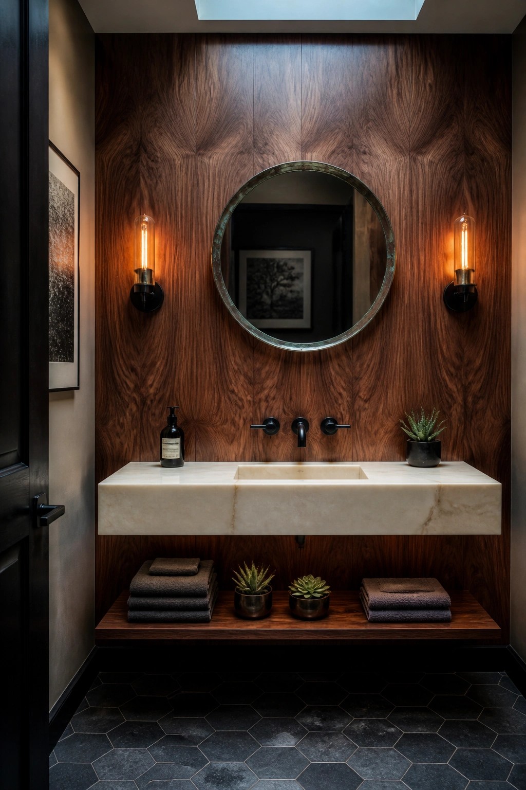 A modern bathroom with a floating marble vanity, round mirror, and dark wood vertical paneling on the wall behind the sink.