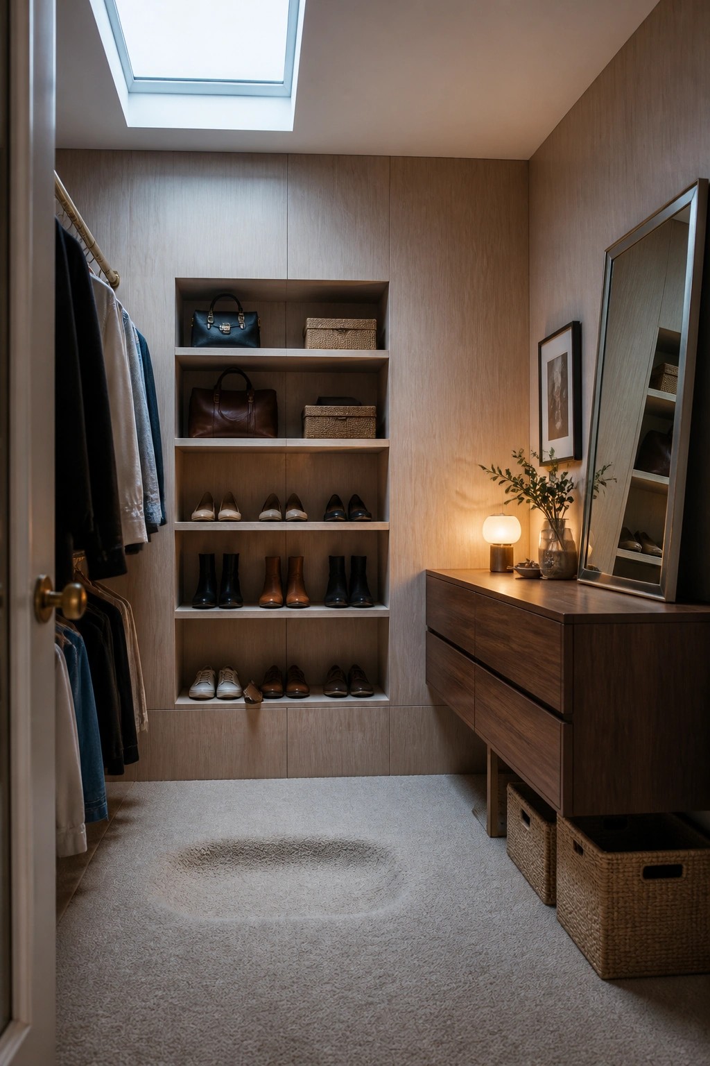 A walk-in closet with light wood paneled walls, built-in shelves holding shoes and handbags, a wooden dresser with baskets below, and a skylight above the carpet.