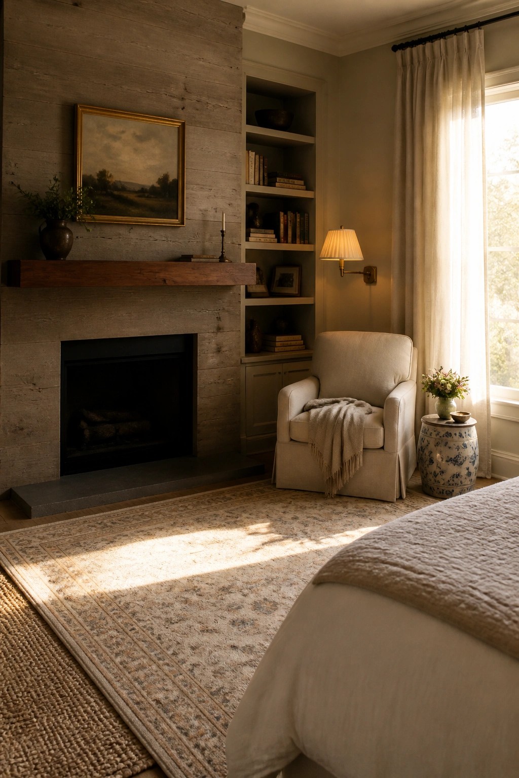 A bedroom interior showing a fireplace set into a wall of horizontal gray wood planks with a wooden mantel, an upholstered armchair, and a patterned rug on the floor.