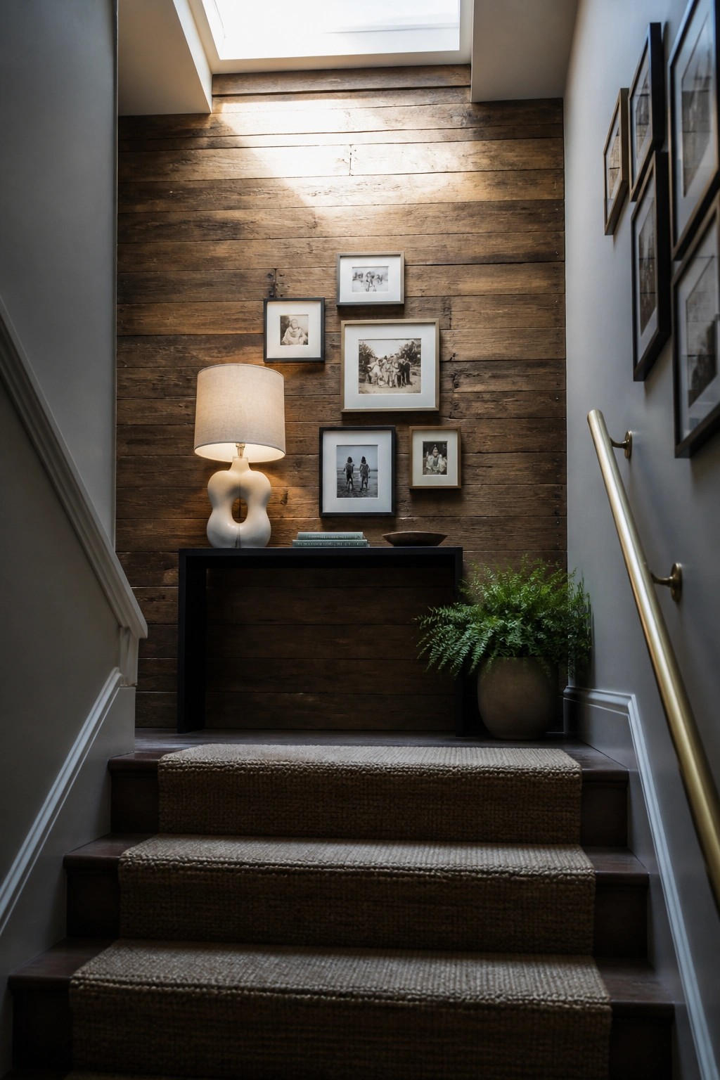 A stairwell featuring a horizontal wood plank accent wall with framed photographs arranged above a dark console table holding a lamp and books, next to a potted fern.
