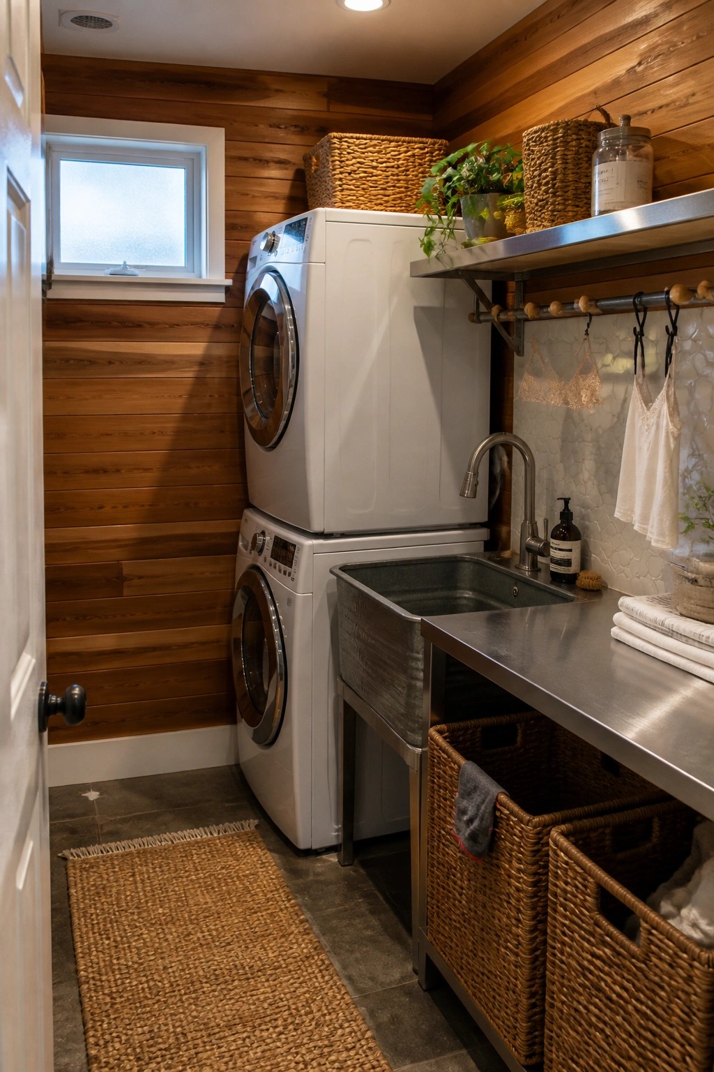 A laundry room with white stacked washer and dryer against horizontal wood plank walls, a stainless steel sink, and woven baskets on the floor.