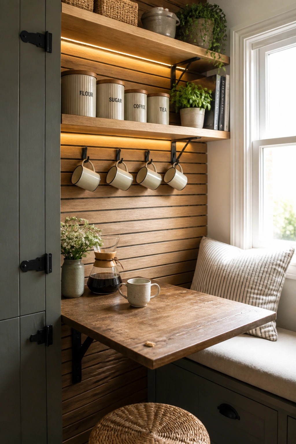 Wooden pantry nook with labeled canisters, hanging mugs, fold-down table, and bench seat