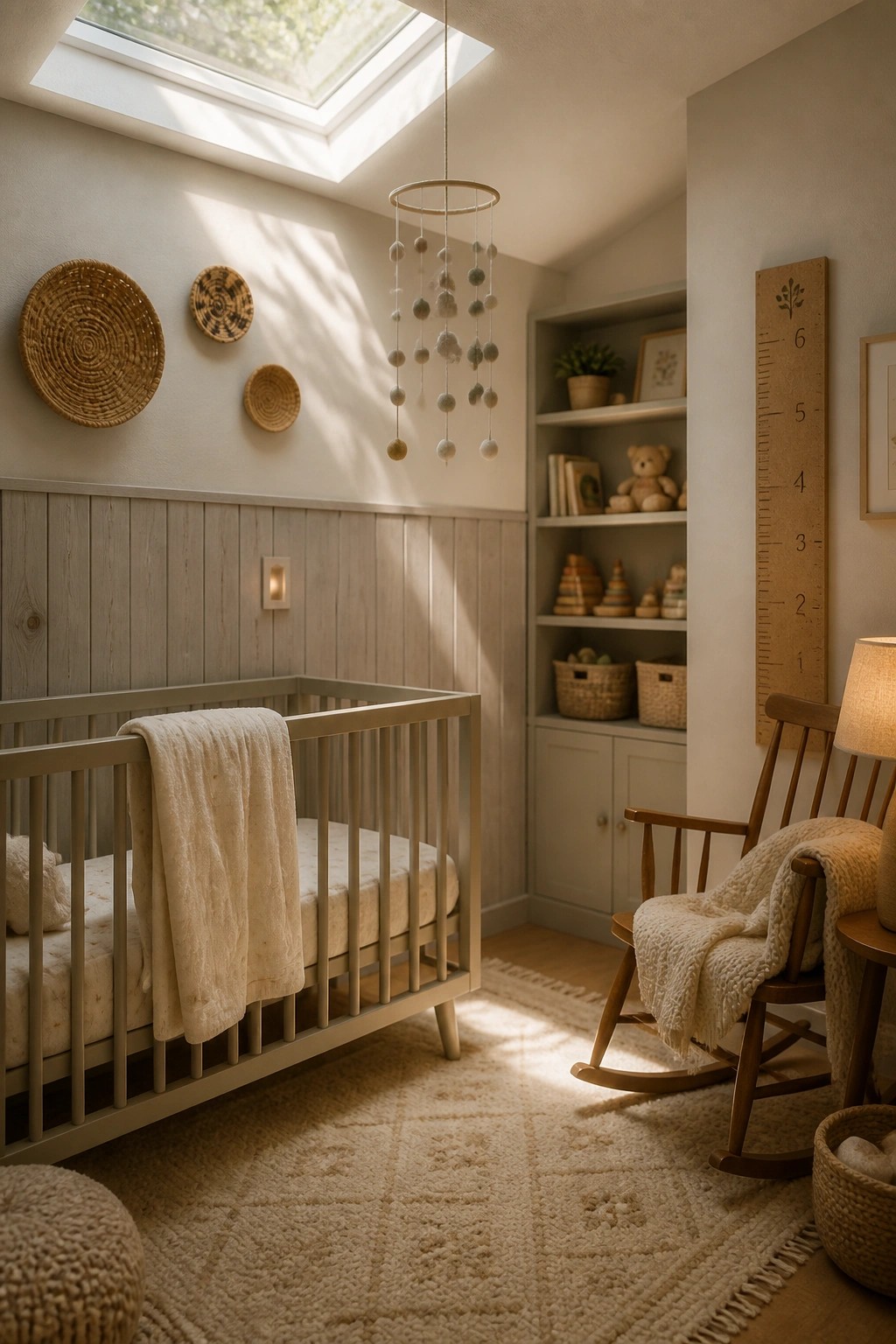 A nursery interior with light wood wainscoting on the lower walls, a gray crib, a wooden rocking chair, woven baskets on the wall, and a skylight overhead.