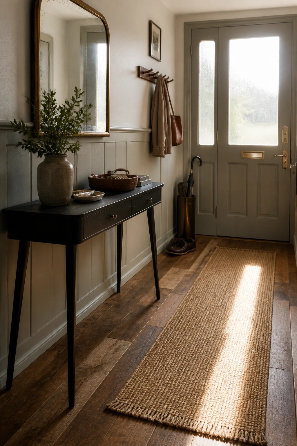 Sunlit entryway with dark console table, gold mirror, coat rack, and jute rug