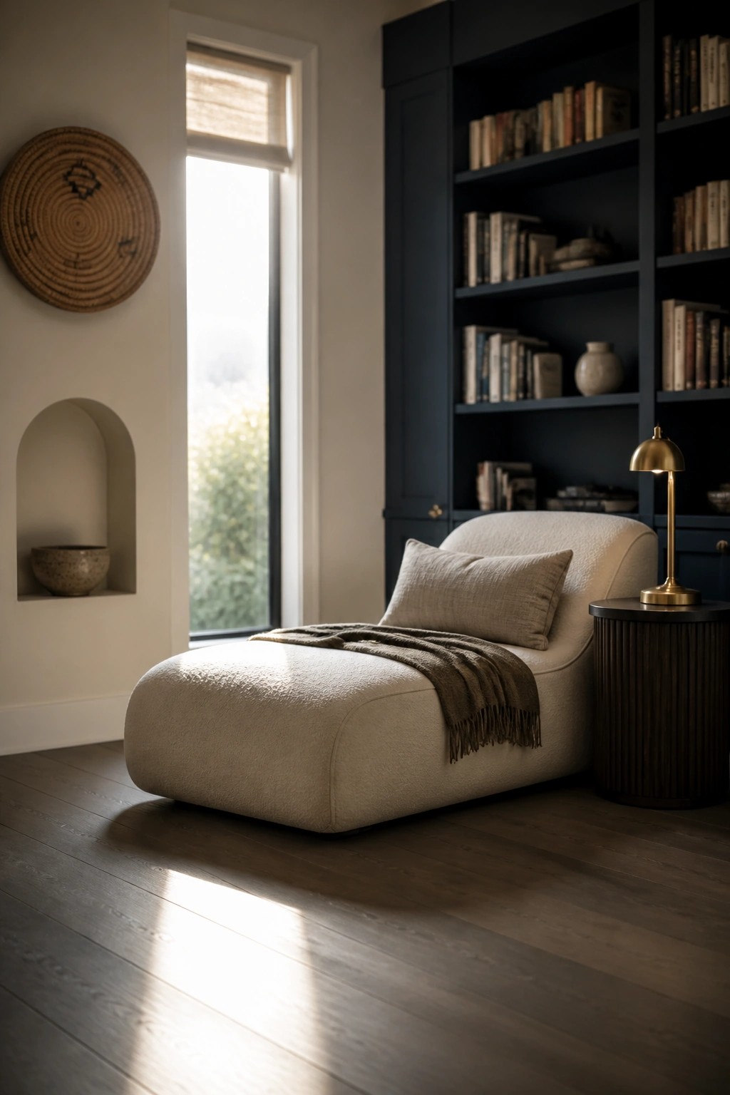 A beige chaise lounge with a pillow and throw blanket sits on dark wood flooring beside a navy built-in bookshelf and a tall window.