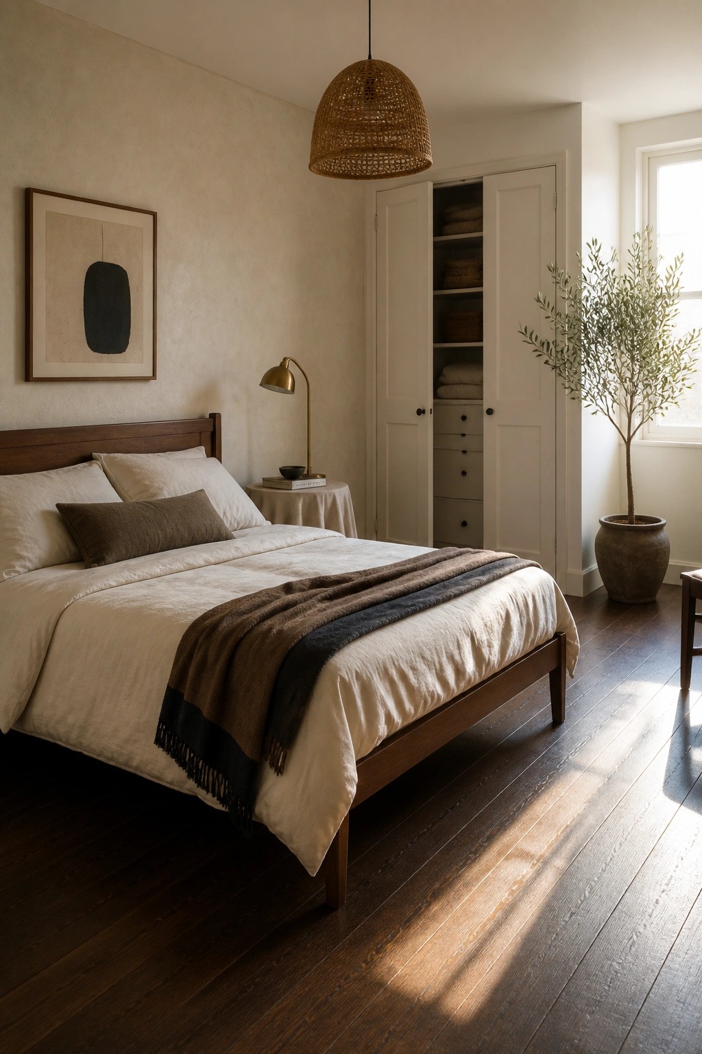 A bedroom with dark hardwood flooring, a wooden bed with white and brown linens, a woven pendant light, and a white built-in cabinet.