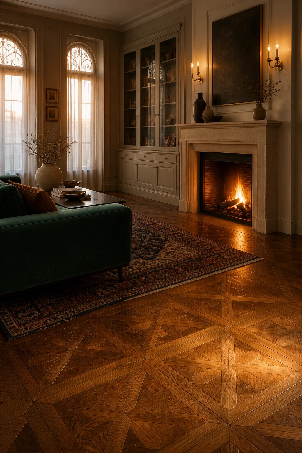 A living room featuring a geometric parquet wood floor, a green velvet sofa, a stone fireplace with a lit fire, and tall arched windows with sheer curtains.
