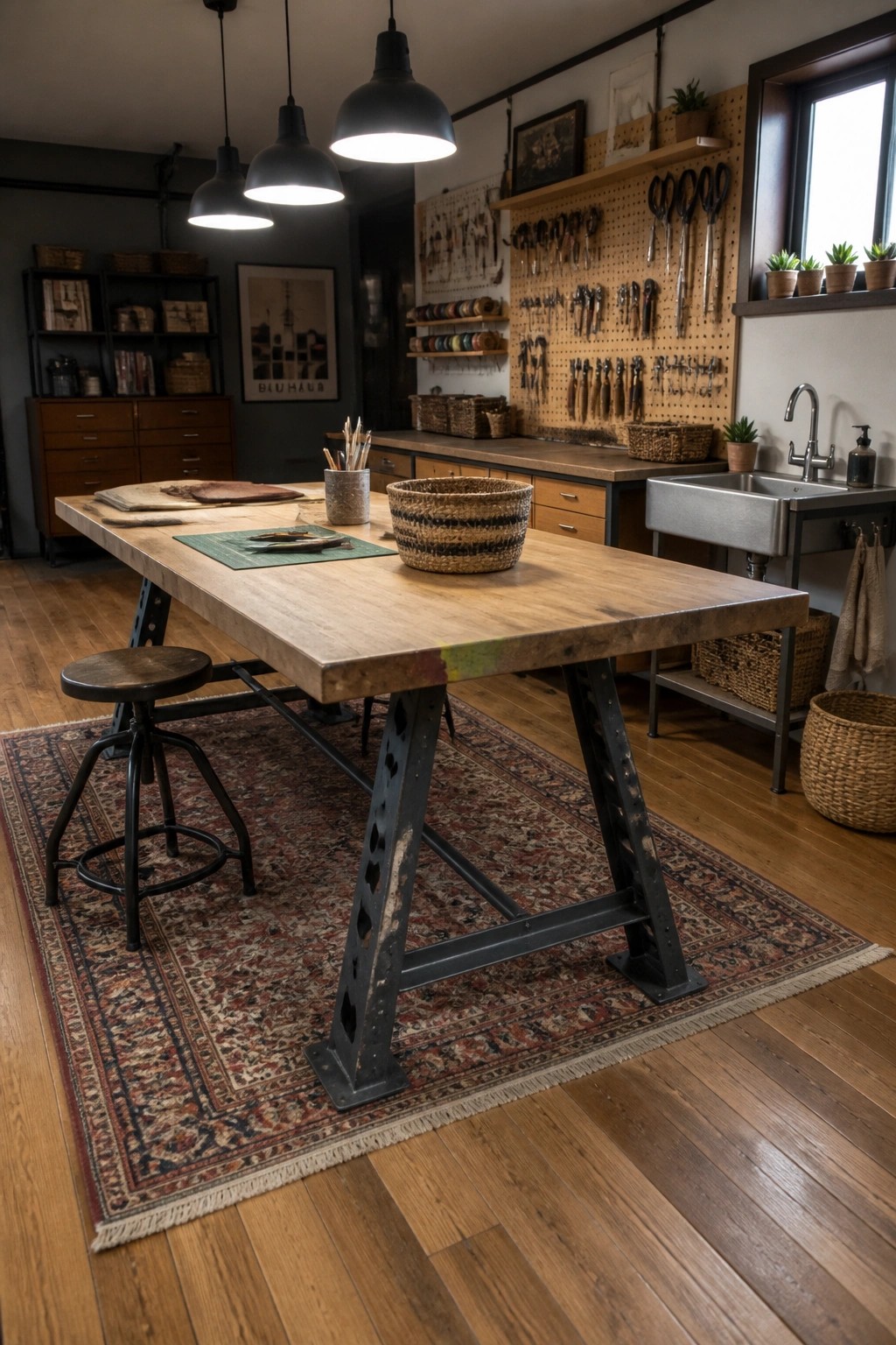 A large wooden table with metal legs rests on a patterned rug over hardwood floors in a craft room with pegboard tool storage and a sink area.