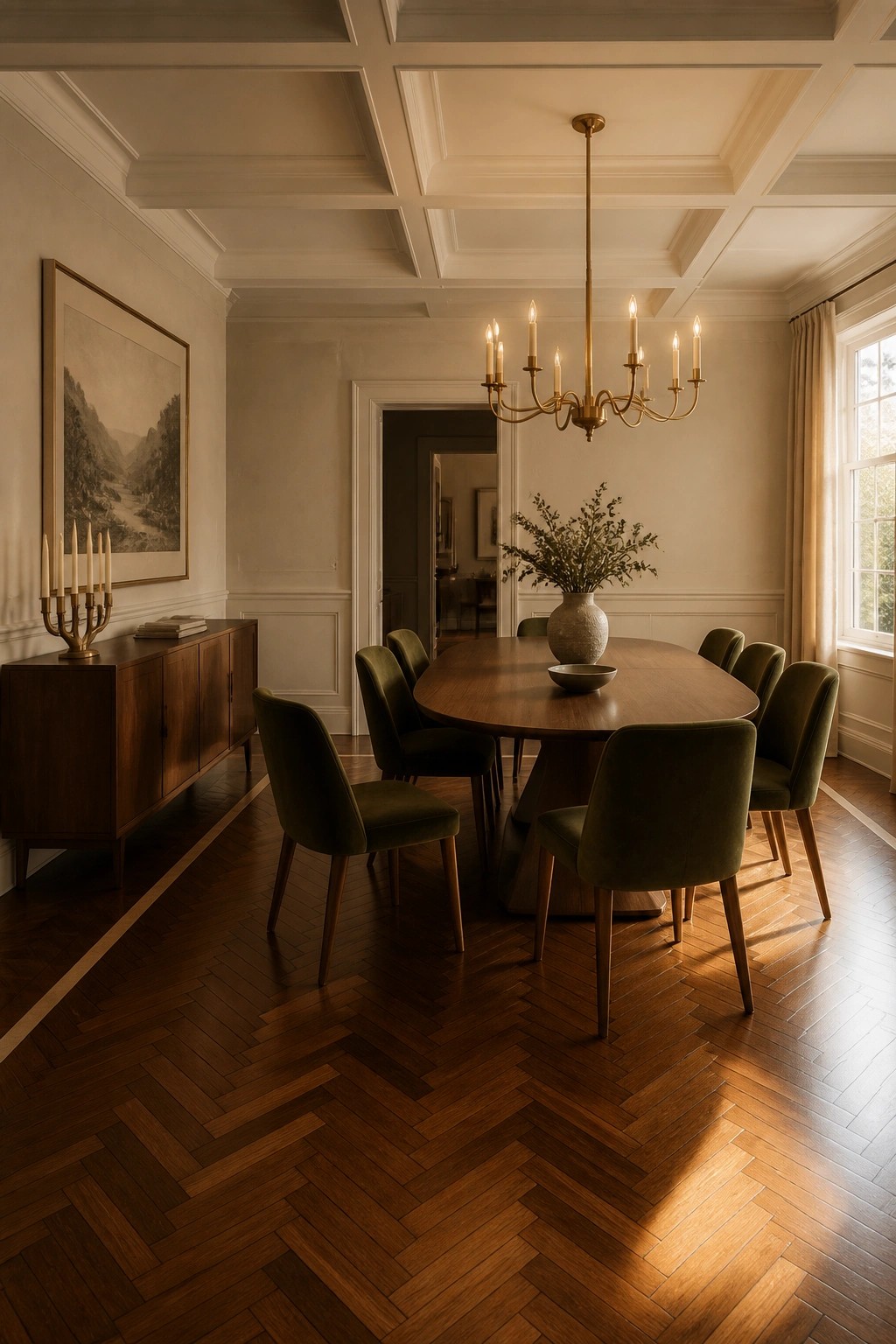 A formal dining room featuring herringbone wood flooring, a large oval wooden table with green velvet chairs, a brass chandelier, and a wooden sideboard against the wall.