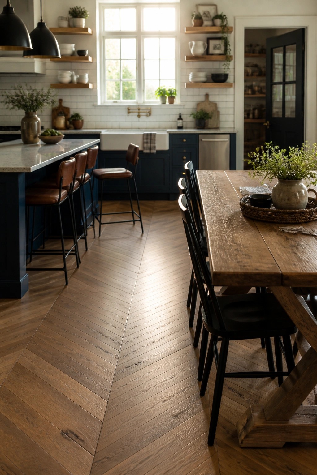 Rustic kitchen with herringbone wood floors, blue cabinets, and wooden dining table