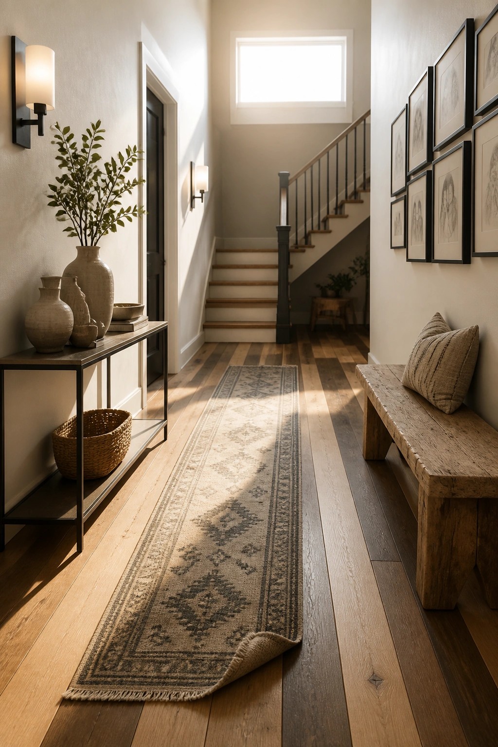 A hallway with wide plank hardwood flooring and a long patterned runner rug leading to a staircase, with a wooden bench on the right side.