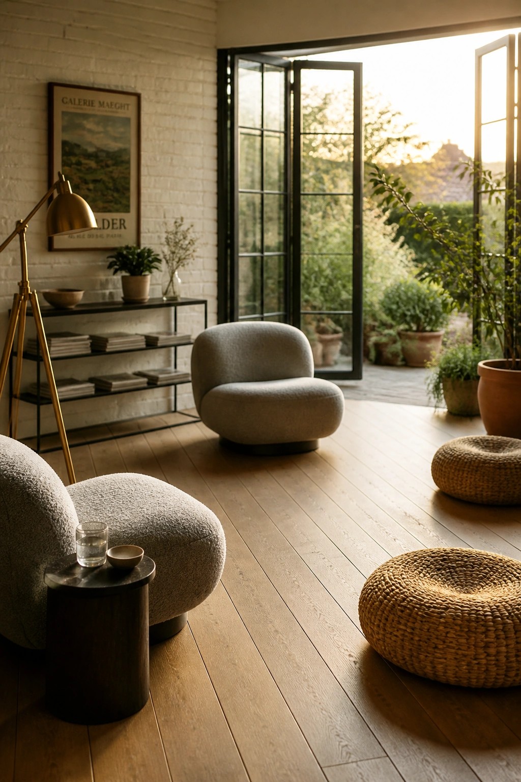 A bright living room with light wood flooring, a gray upholstered armchair, two woven poufs, a black console table, and large open glass doors leading outside.