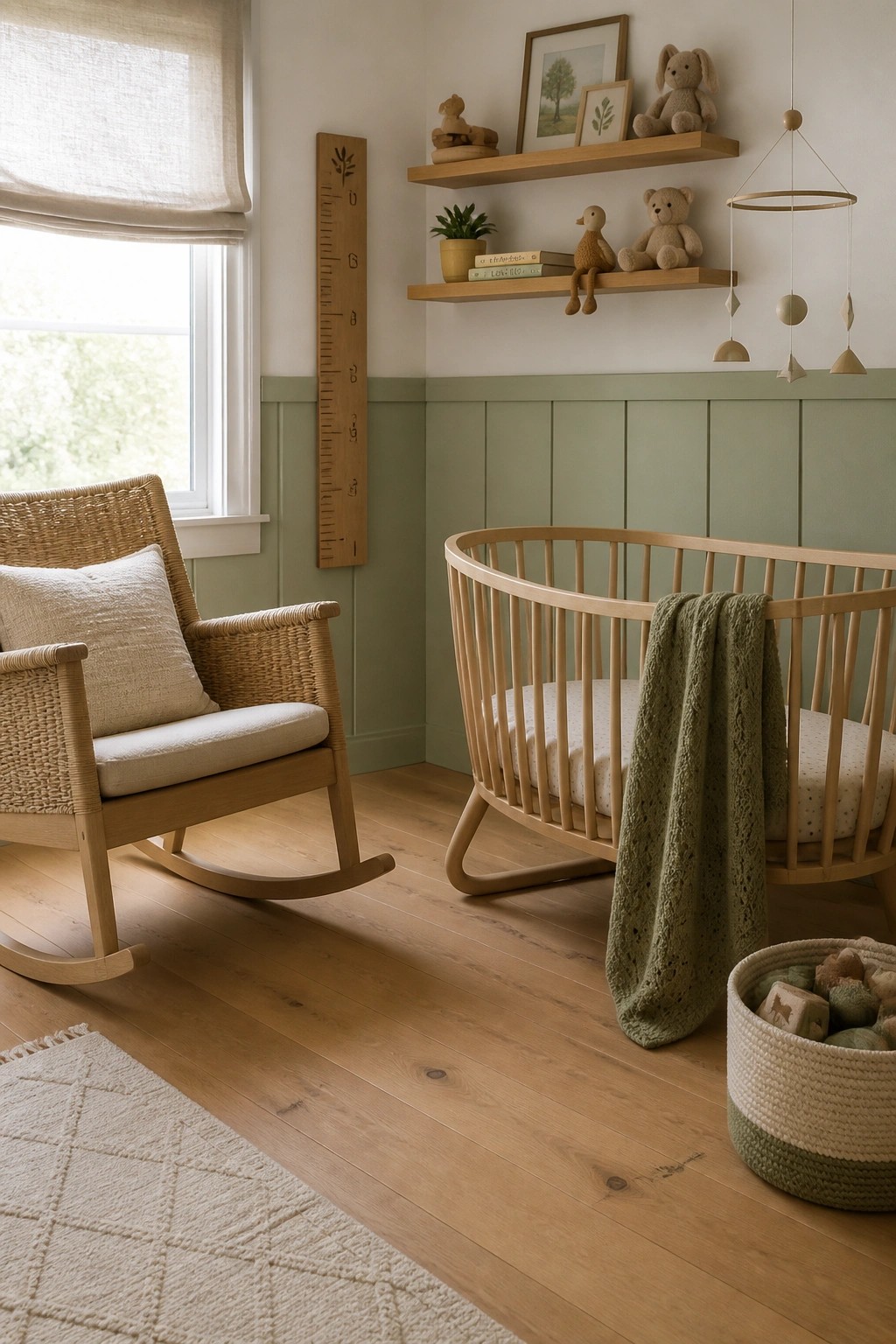 A nursery interior showing light hardwood flooring, a wooden rocking chair with a cushion, a round wooden crib with a green blanket, green wainscoting, and floating shelves with toys.